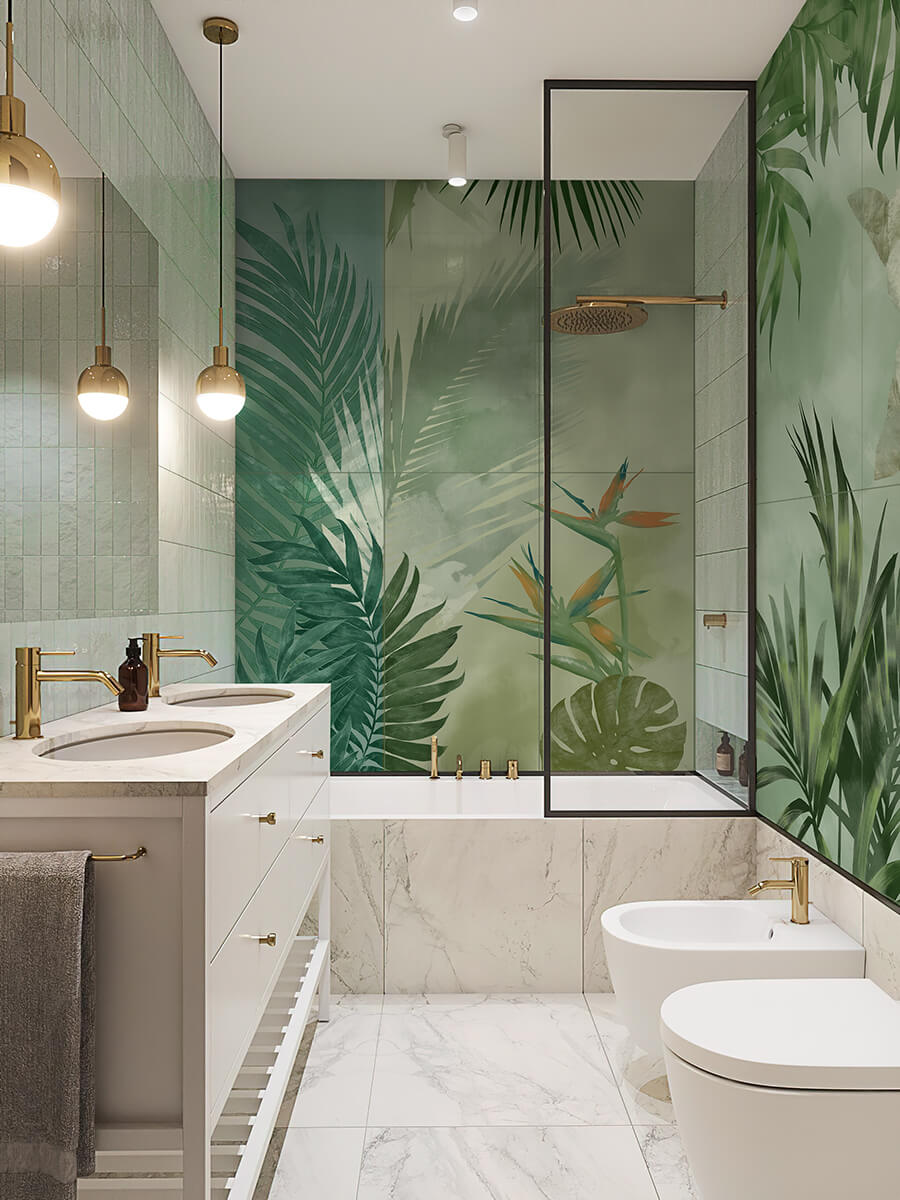 Дизайнерское панно из керамогранита или керамической плитки для стен с пальмовыми и тропическими листьями от Respace